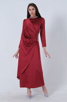 Bordo Bel ve Yaka Taş İşlemeli Yırtmaç Detaylı Tesettür Elbise 7702242.04 - 2