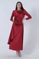 Bordo Bel ve Yaka Taş İşlemeli Yırtmaç Detaylı Tesettür Elbise 7702242.04 - 4