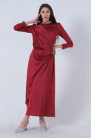 Bordo Bel ve Yaka Taş İşlemeli Yırtmaç Detaylı Tesettür Elbise 7702242.04 - 5