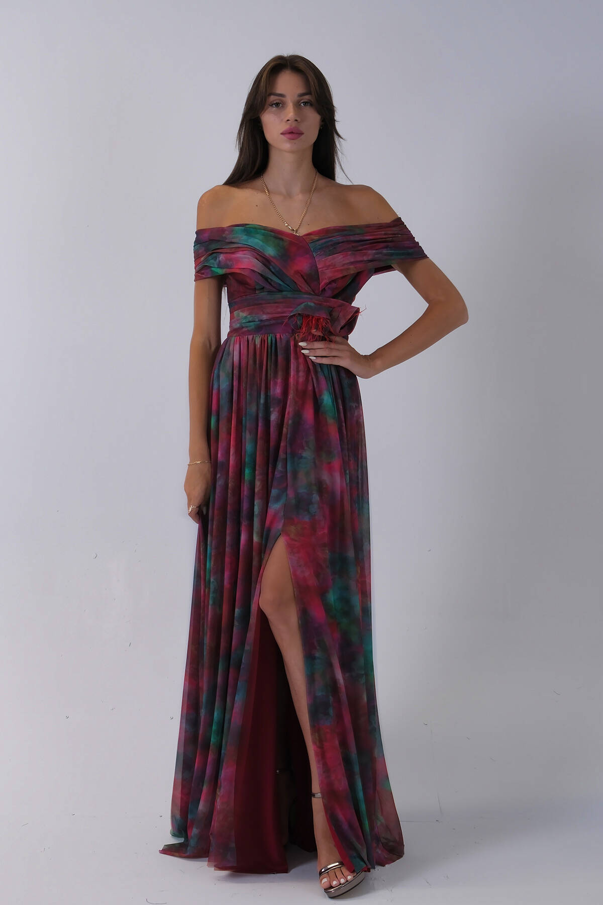 Bordo Beli Çiçek Detaylı Desenli Şifon Abiye 0801102.04 - Ardanewline (1)