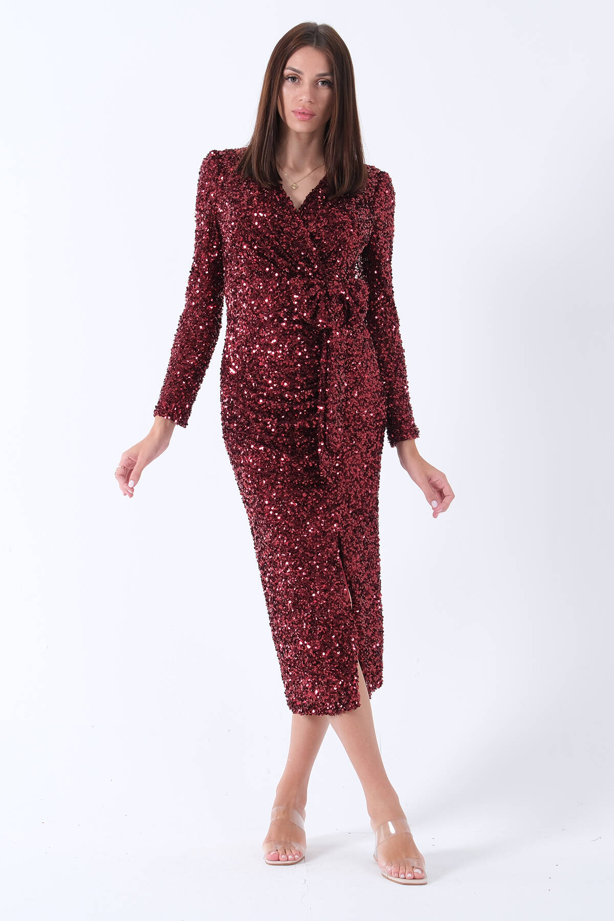 Bordo Beli Fiyonk Detaylı Pul Payetli Midi Boy Abiye 9705833.04 - ArdaNewline