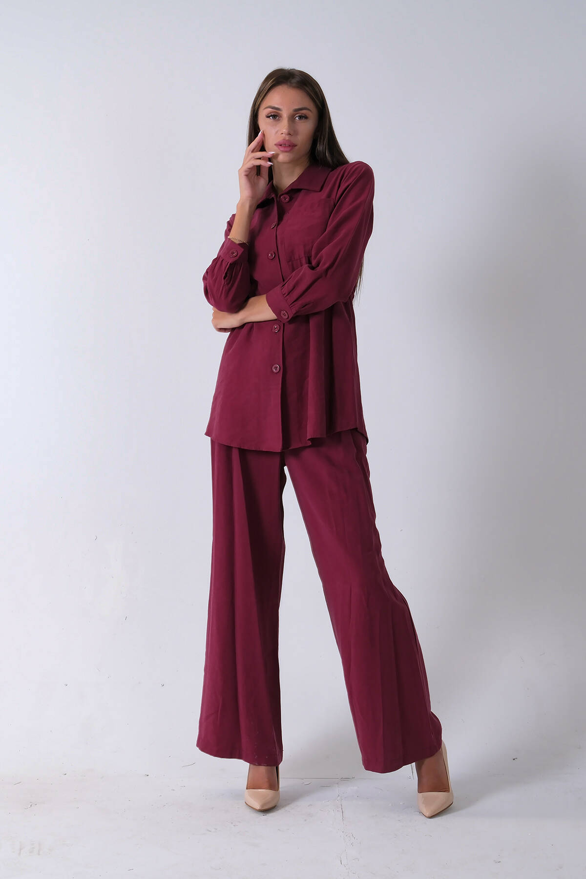Bordo Beli Kemerli Gömlek Yaka Tunik Pantolonlu Takım 4592258.04 - Ardanewline