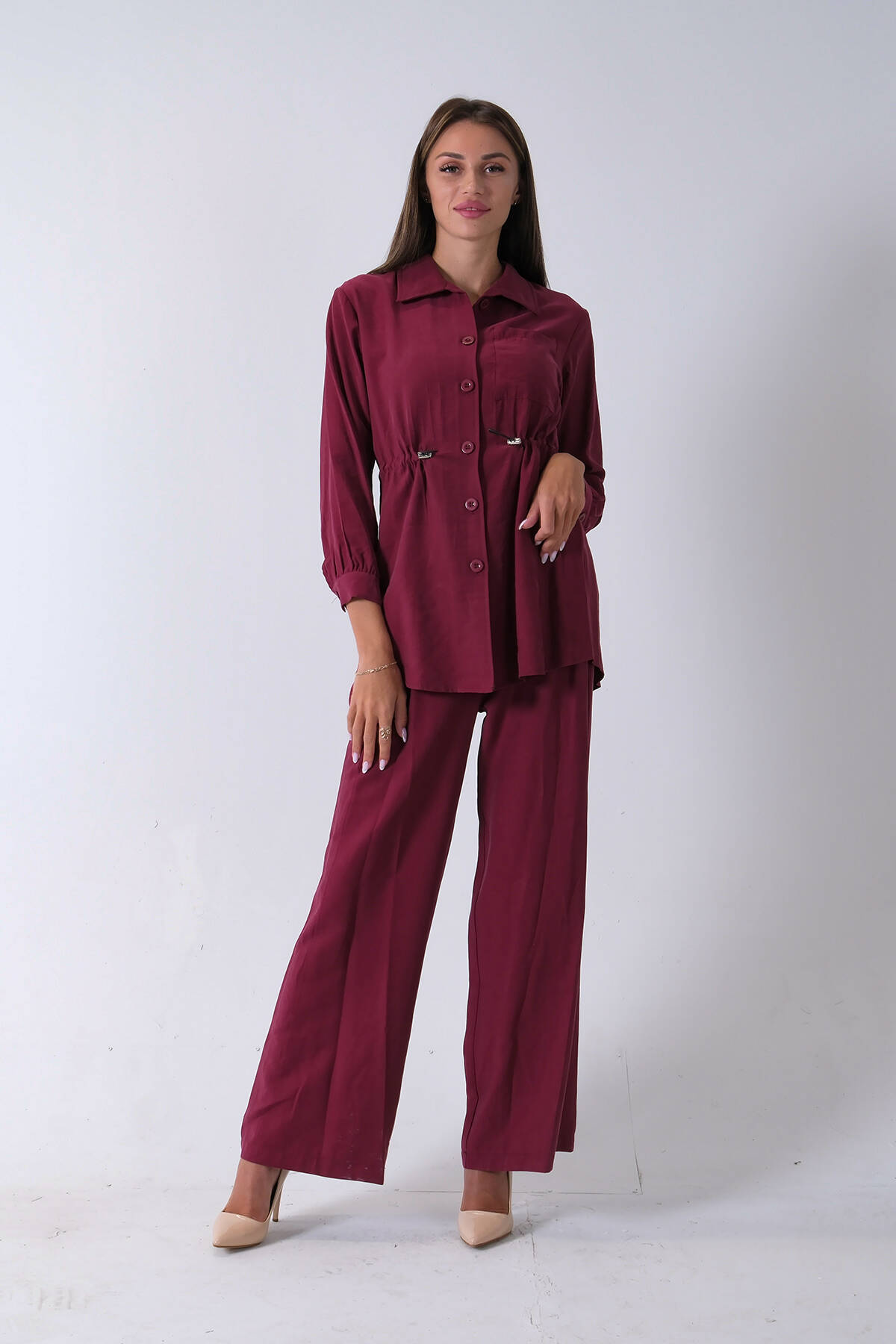 Bordo Beli Kemerli Gömlek Yaka Tunik Pantolonlu Takım 4592258.04 - Ardanewline (1)