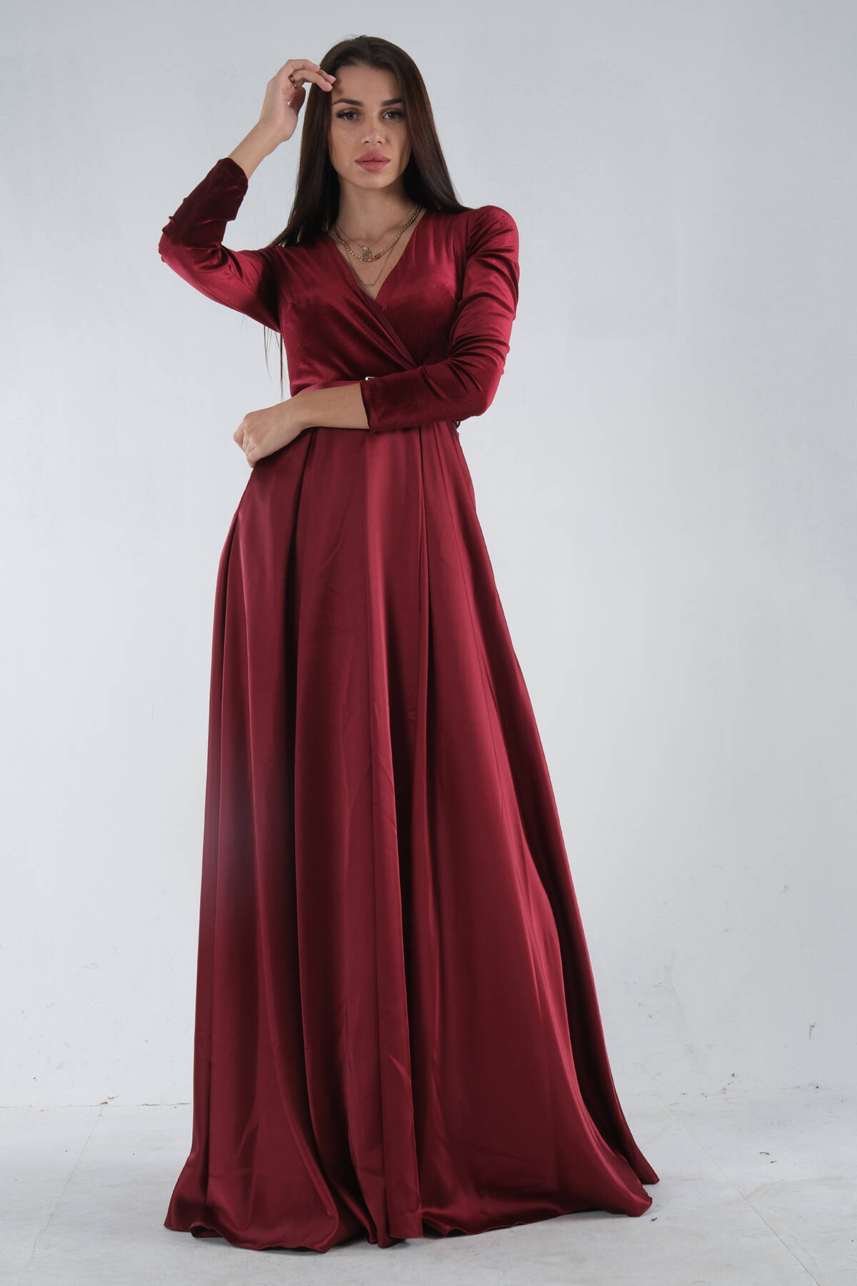 Bordo Beli Kemerli Üstü Kadife Altı Saten Abiye & Mezuniyet Elbisesi 9704787.04 - Ardanewline (1)