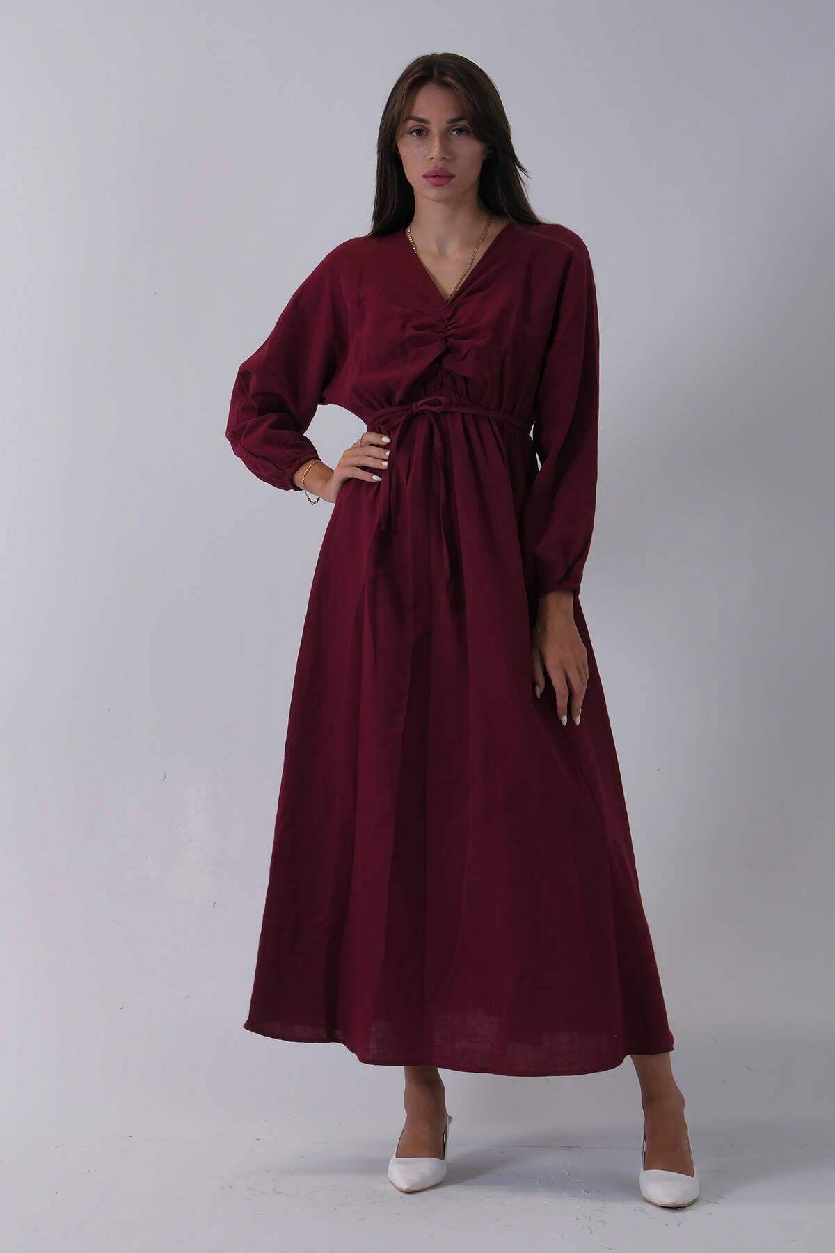 Bordo Beli Lastik Büzgülü V Yaka Bağlamalı Elbise 4593437.04