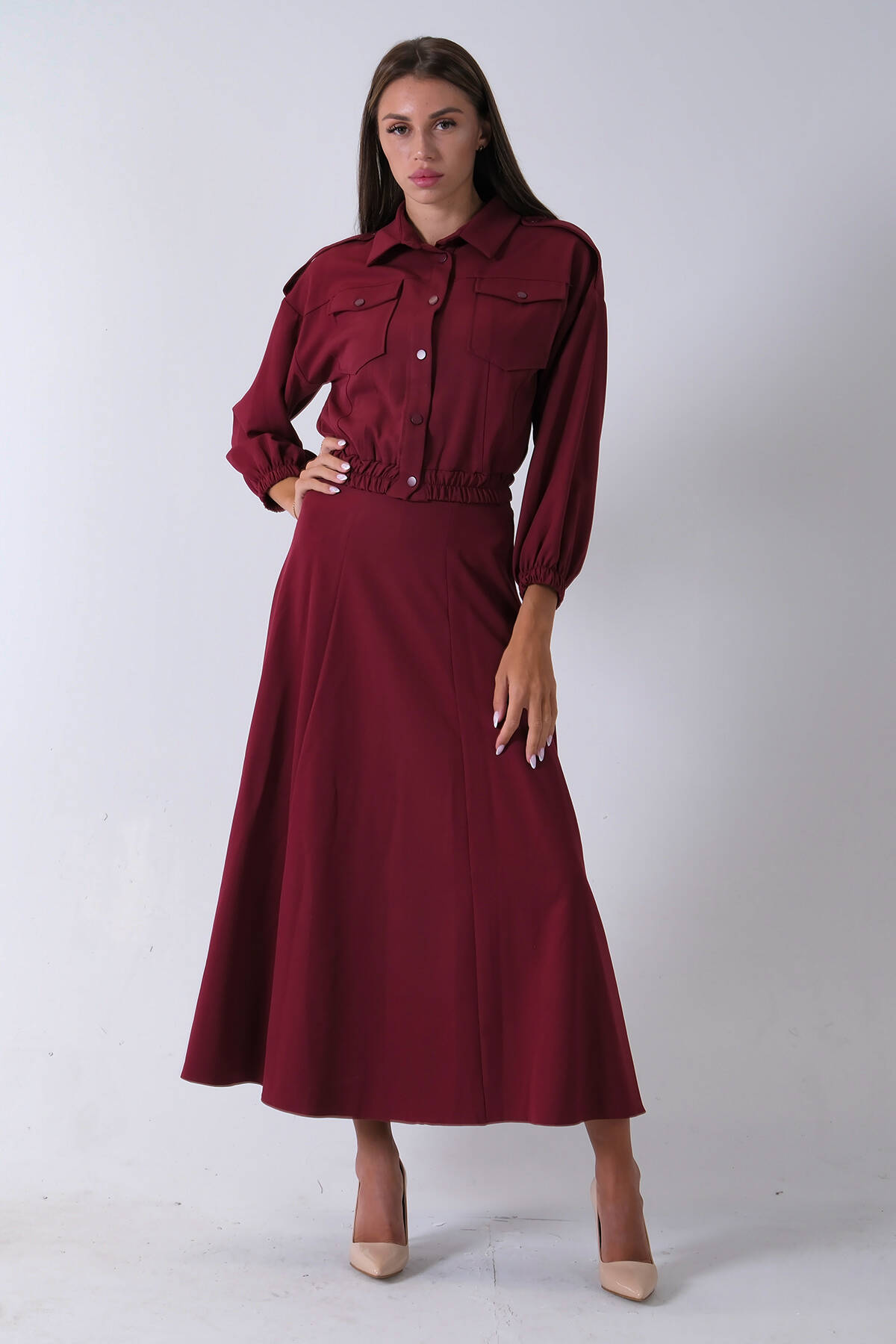 Bordo Beli Lastikli Cepli Ceket ve Etek İkili Takım 4595053.04 - Ardanewline