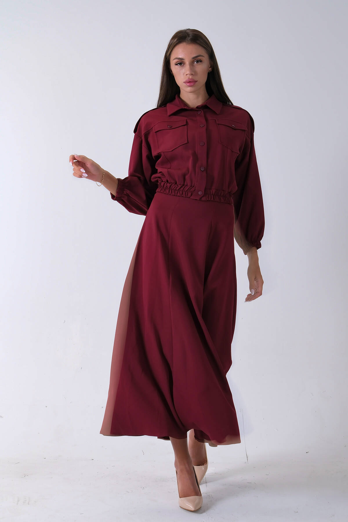 Bordo Beli Lastikli Cepli Ceket ve Etek İkili Takım 4595053.04 - Ardanewline (1)