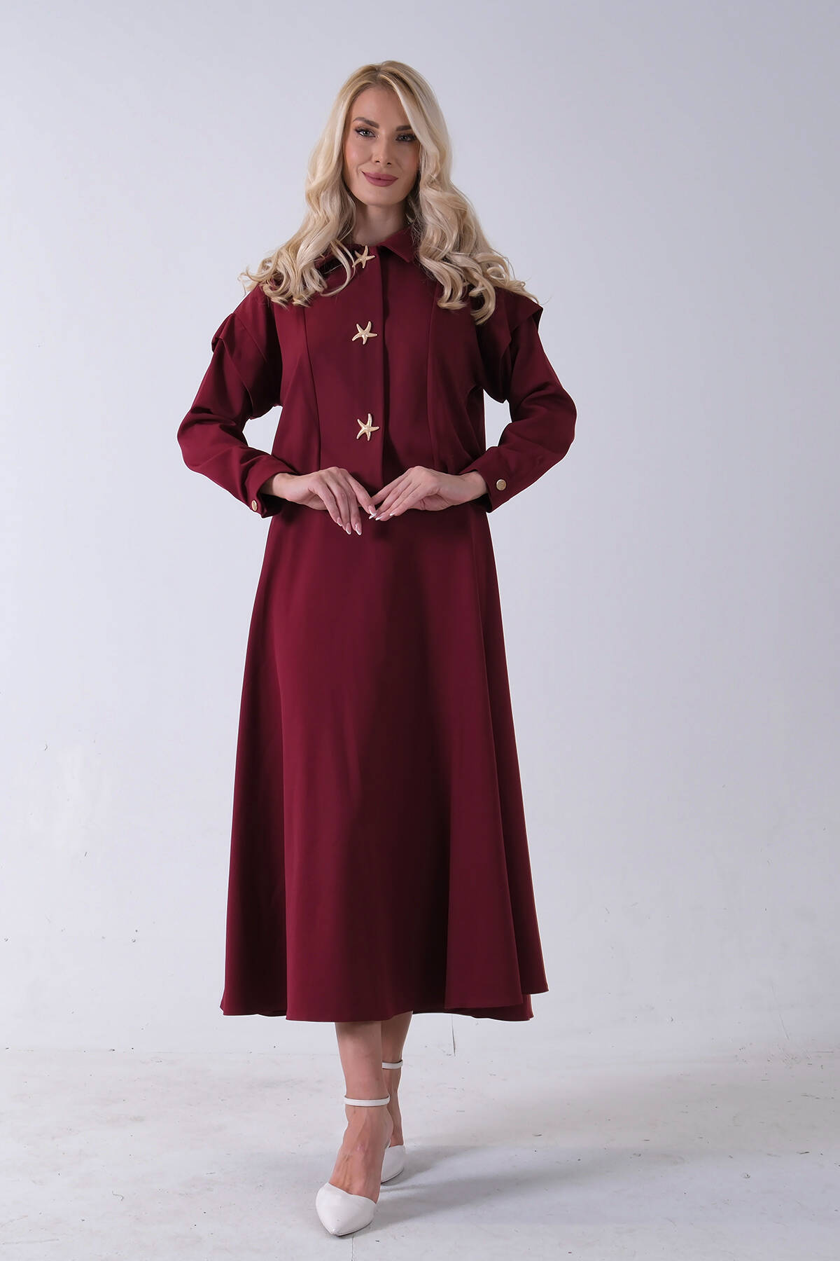 Bordo Beli Lastikli Deniz Yıldızı Çıt Çıt Kapamalı Ceket Detaylı Etekli Takım 4592269.04 - Ardanewline