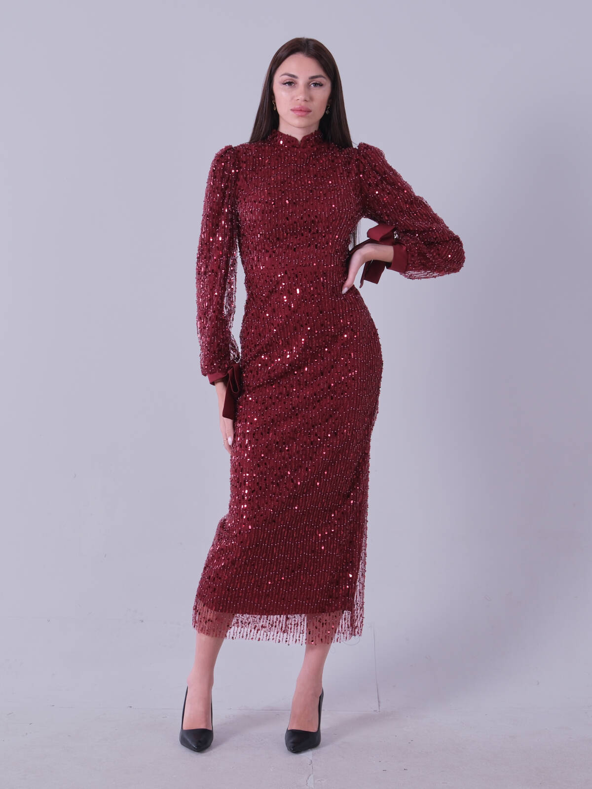 Bordo Bilek Ucu Saten Kurdele Pullu Tesettür Abiye 6502471.04 - Ardanewline (1)