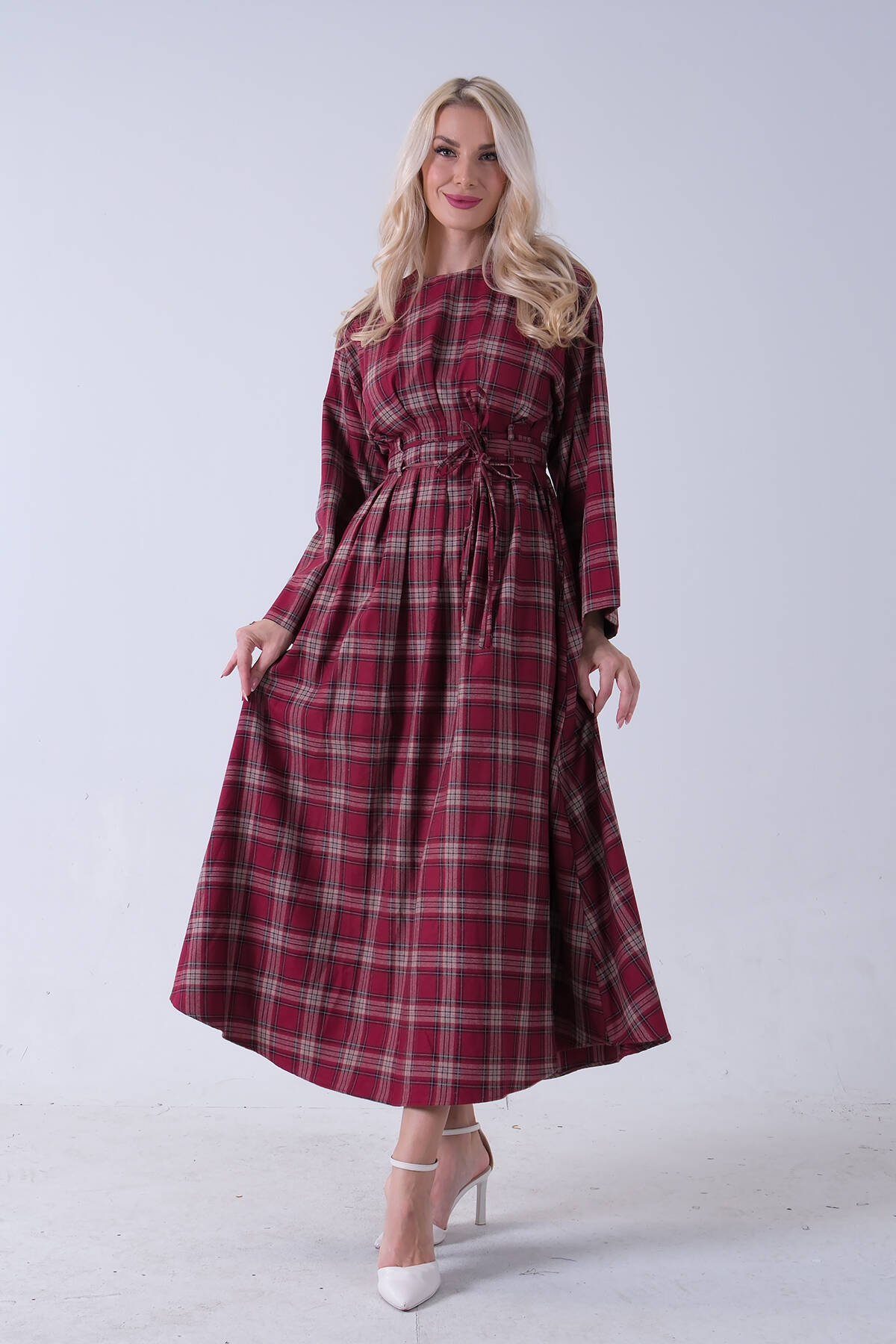 Bordo Bisiklet Yaka Ekose Desenli Bel Bağlamalı Tesettür Elbise 4593460.04 - Ardanewline