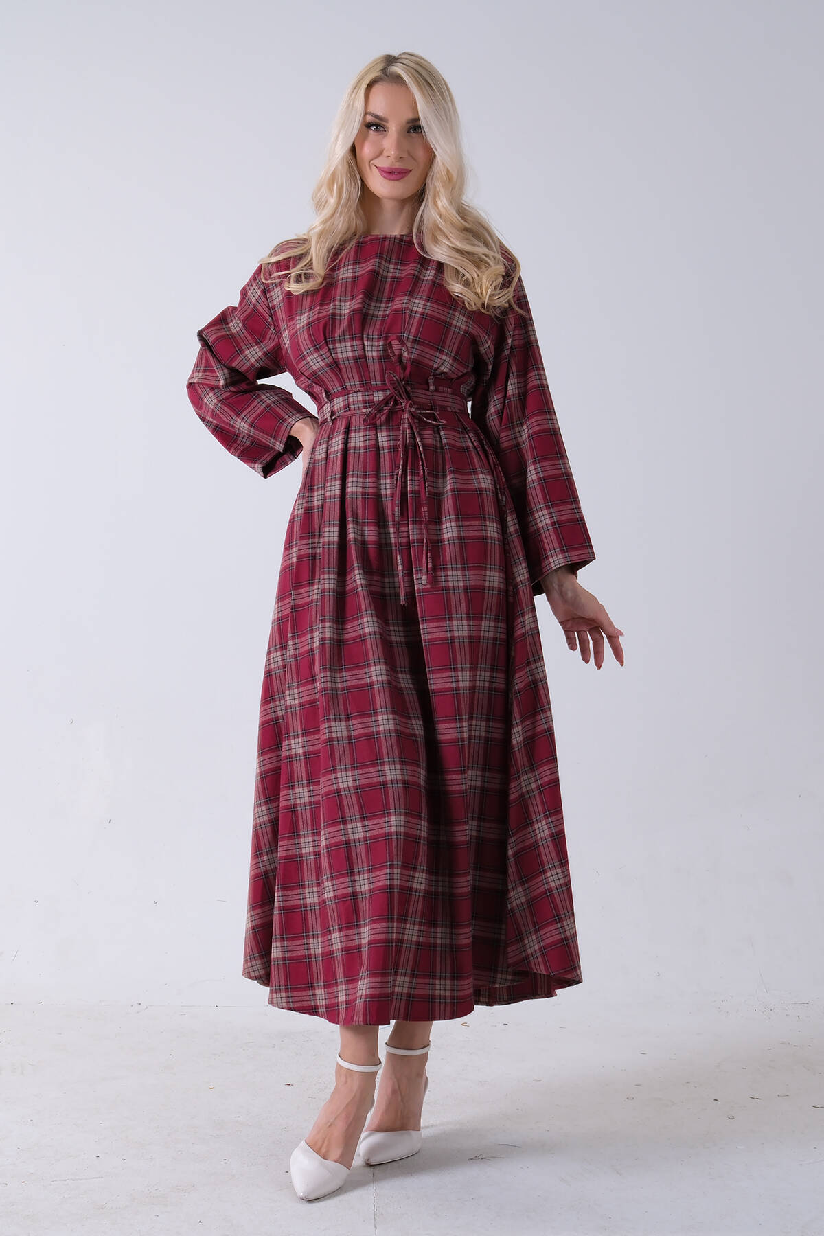 Bordo Bisiklet Yaka Ekose Desenli Bel Bağlamalı Tesettür Elbise 4593460.04 - Ardanewline (1)