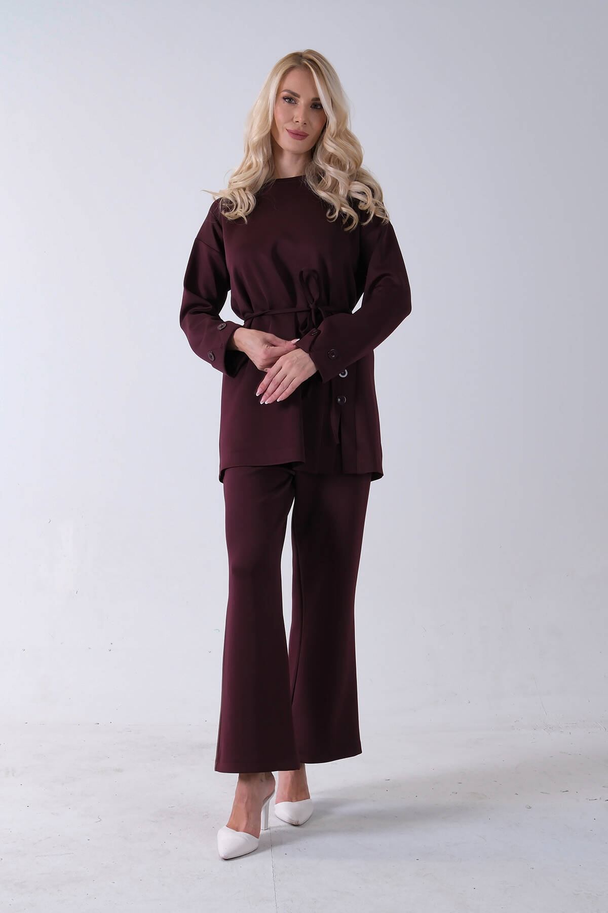Bordo Bisiklet Yaka Önü Düğme Kapama Görünümlü Pantolonlu Scuba Takım 4592265.04 - Ardanewline