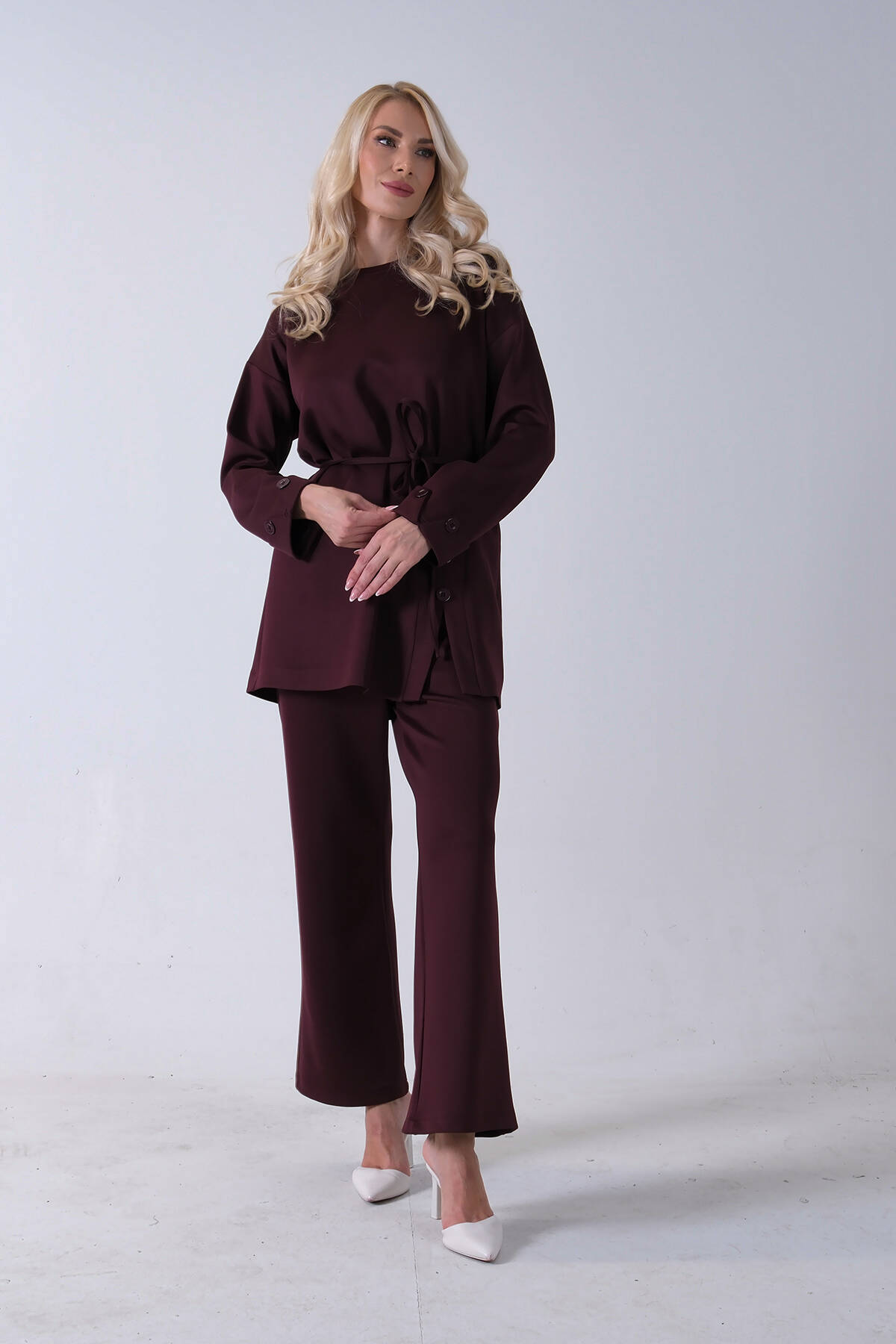 Bordo Bisiklet Yaka Önü Düğme Kapama Görünümlü Pantolonlu Scuba Takım 4592265.04 - Ardanewline (1)