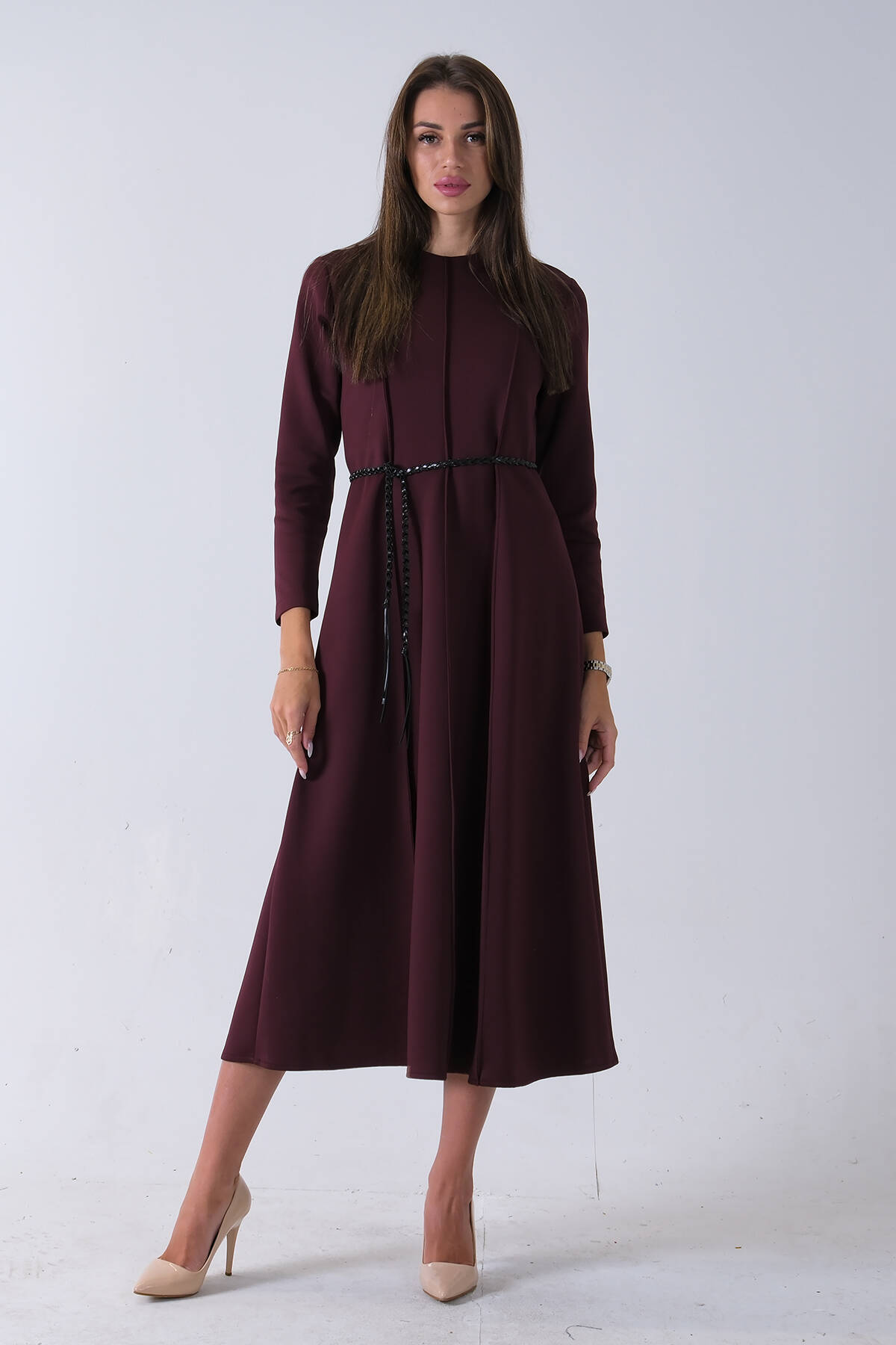 Bordo Bisiklet Yaka Önü Pile Detaylı Beli Kemerli Elbise 4593453.04 - Ardanewline