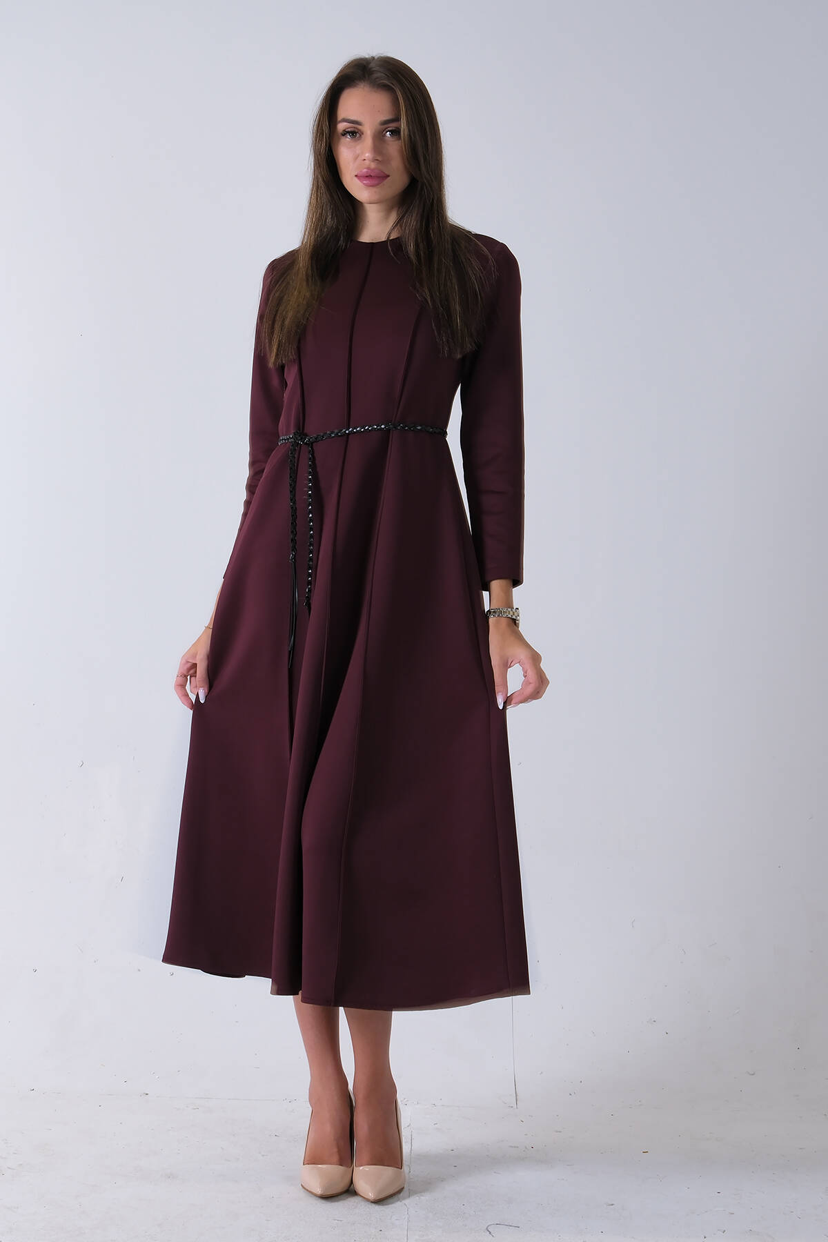 Bordo Bisiklet Yaka Önü Pile Detaylı Beli Kemerli Elbise 4593453.04 - Ardanewline (1)