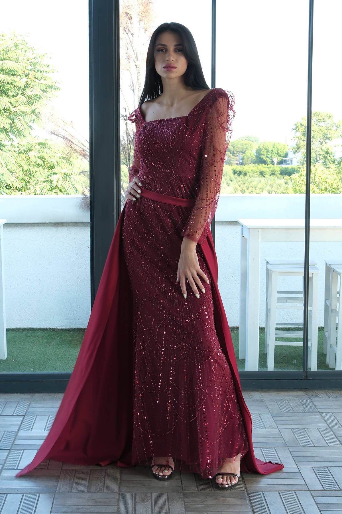 Bordo Boncuk İşlemeli Tül Kol Detaylı Uzun Abiye 9705463.04 - Ardanewline