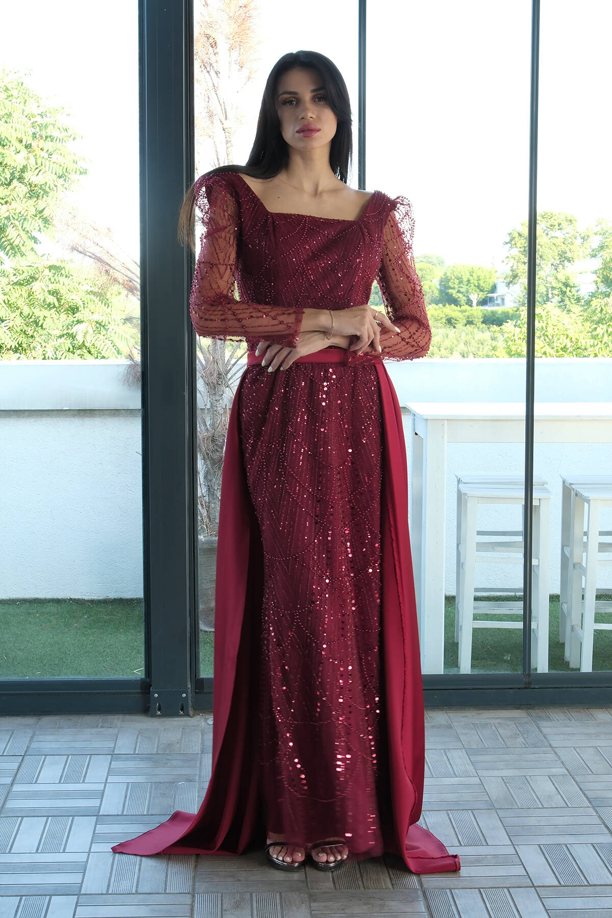 Bordo Boncuk İşlemeli Tül Kol Detaylı Uzun Abiye 9705463.04 - Ardanewline (1)