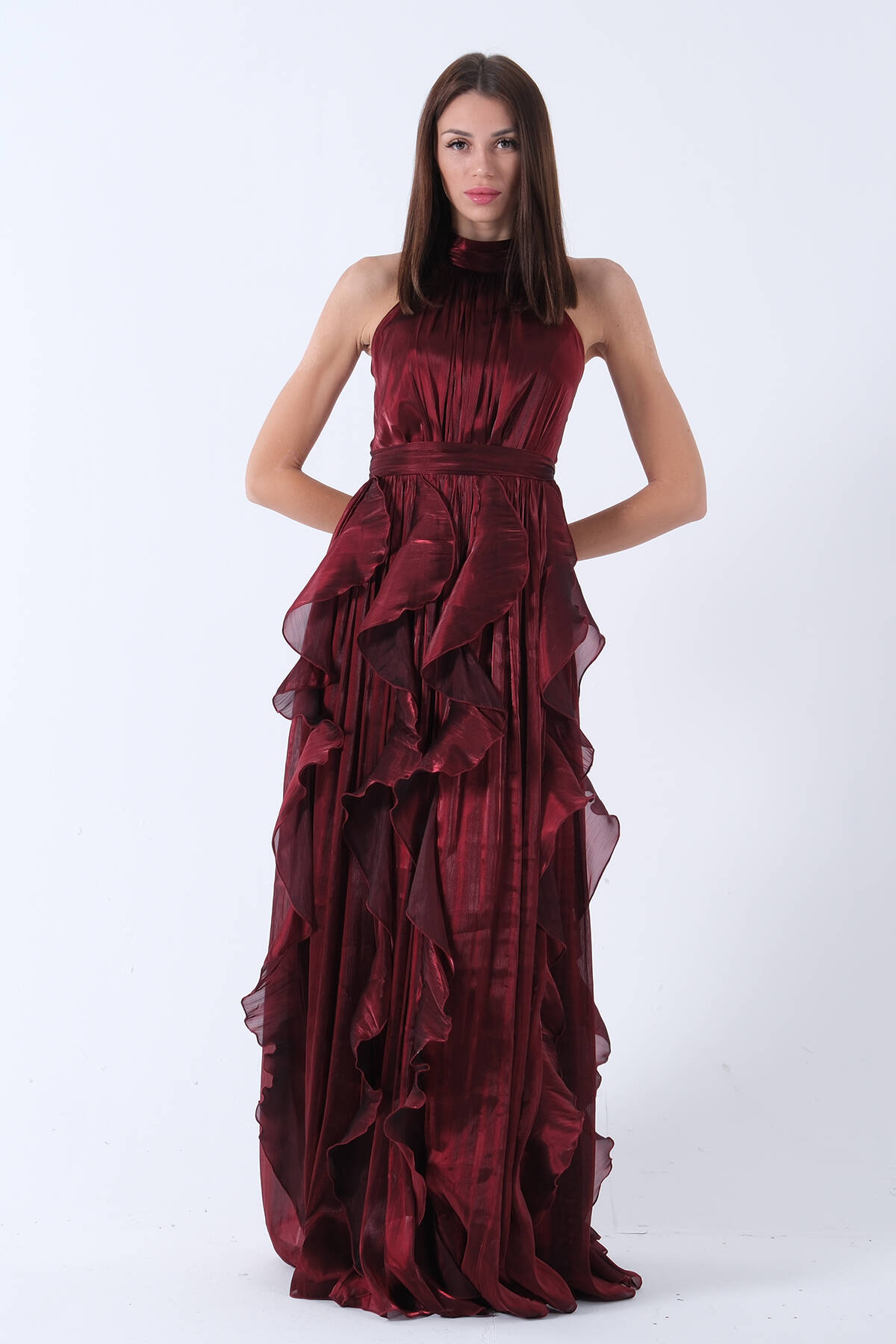 Bordo Boyundan Bağlamalı Kuşak Detaylı Fırfırlı Straplez Abiye 9705922.04 - ArdaNewline
