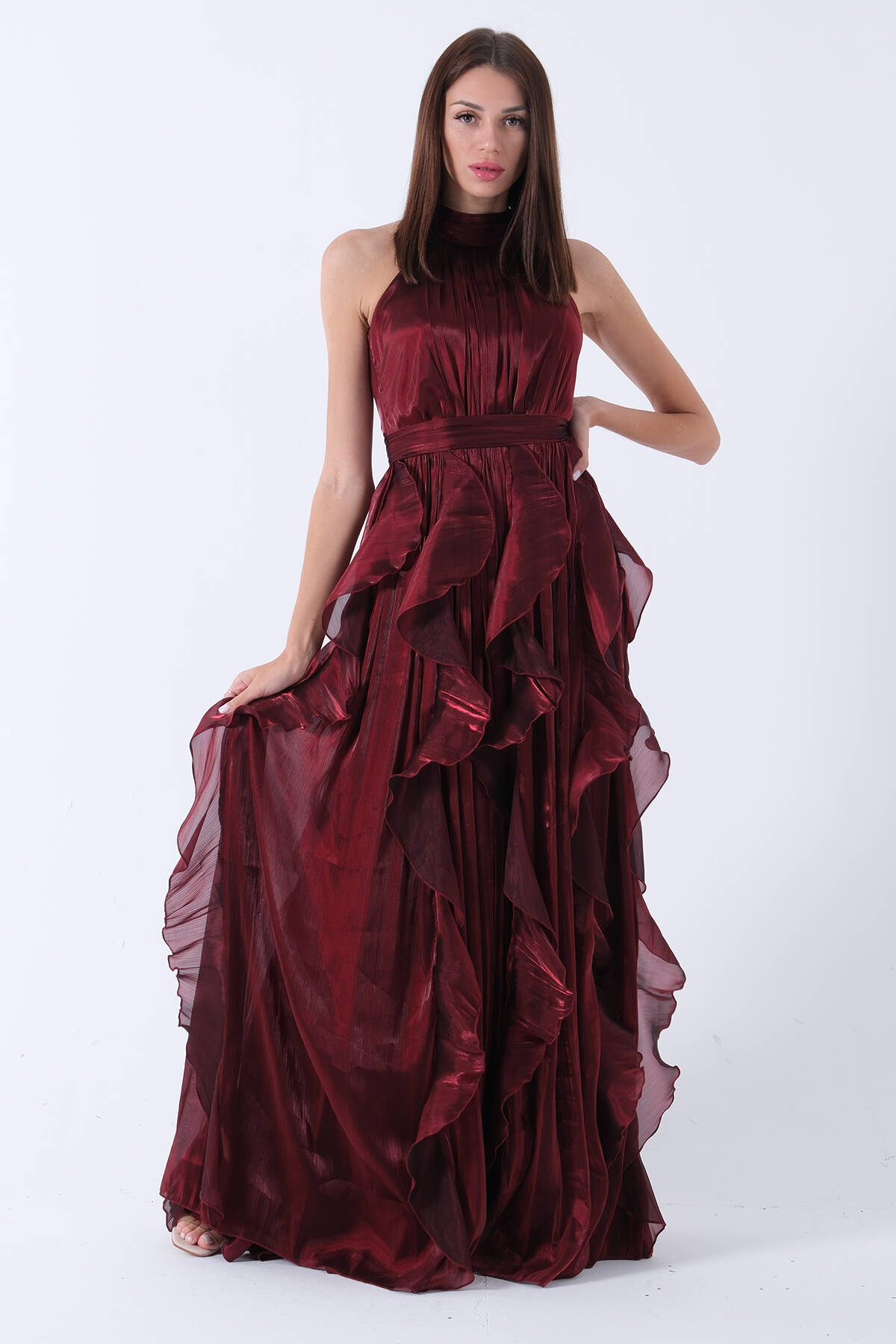 Bordo Boyundan Bağlamalı Kuşak Detaylı Fırfırlı Straplez Abiye 9705922.04 - ArdaNewline (1)