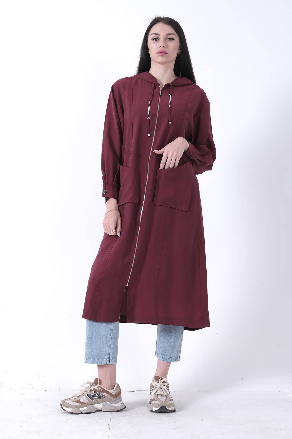 Bordo Çift Cep Detaylı Fermuar Kapamalı Kapüşonlu Kap 44510684.04 - Ardanewline