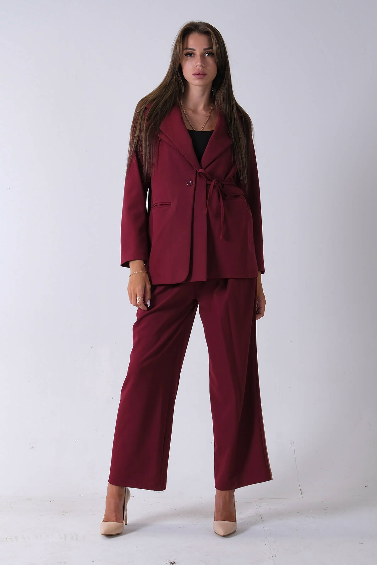 Bordo Çift Cep Yandan Bağlamalı Ceket Pantolonlu Takım 4592259.04 - Ardanewline