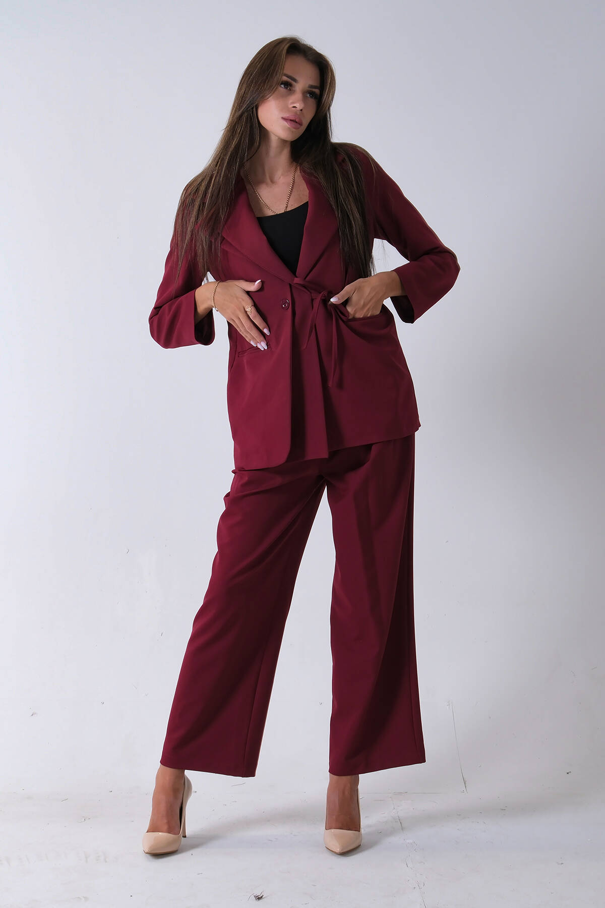 Bordo Çift Cep Yandan Bağlamalı Ceket Pantolonlu Takım 4592259.04 - Ardanewline (1)