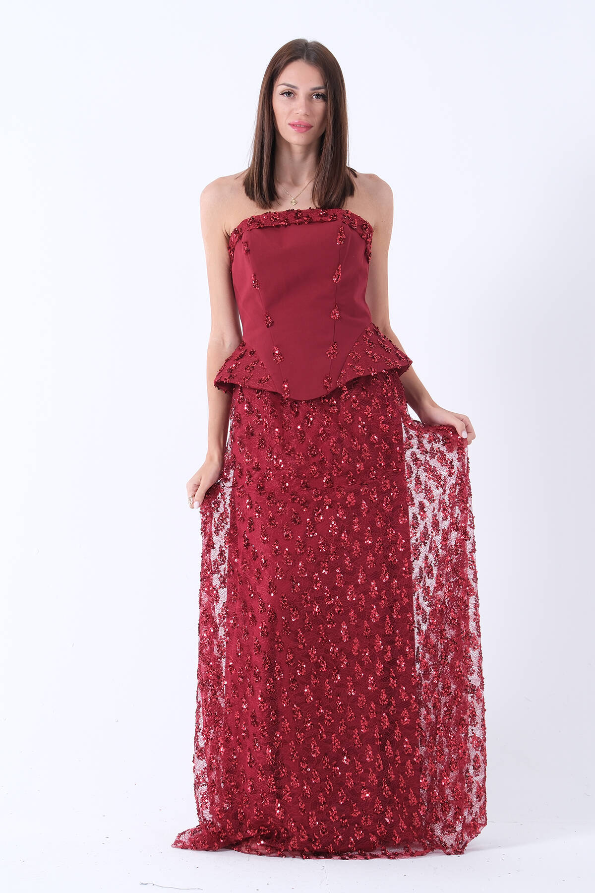 Bordo Dantel Tül Üzeri Pul İşlemeli Astarlı Korseli Straplez Abiye 9705627.04 - ArdaNewline