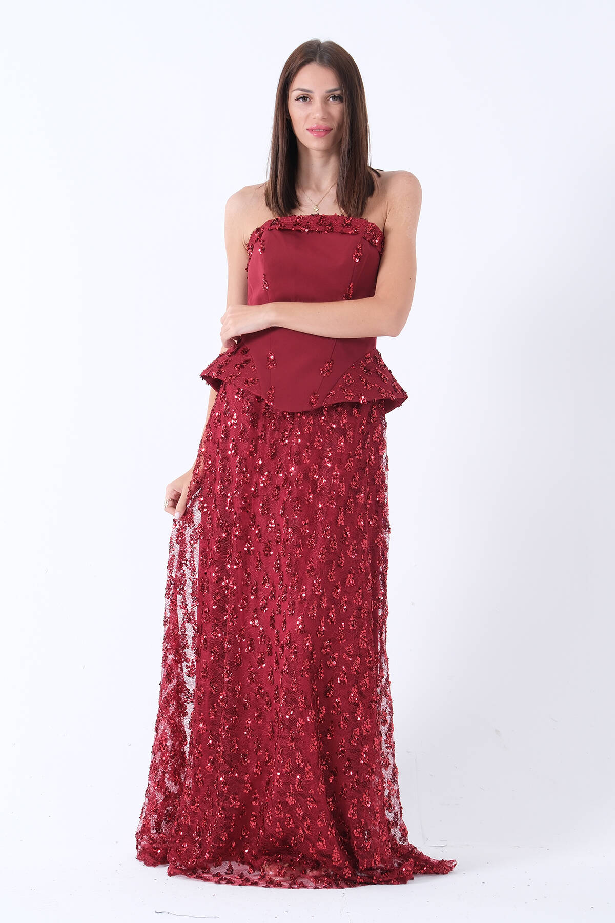 Bordo Dantel Tül Üzeri Pul İşlemeli Astarlı Korseli Straplez Abiye 9705627.04 - ArdaNewline (1)