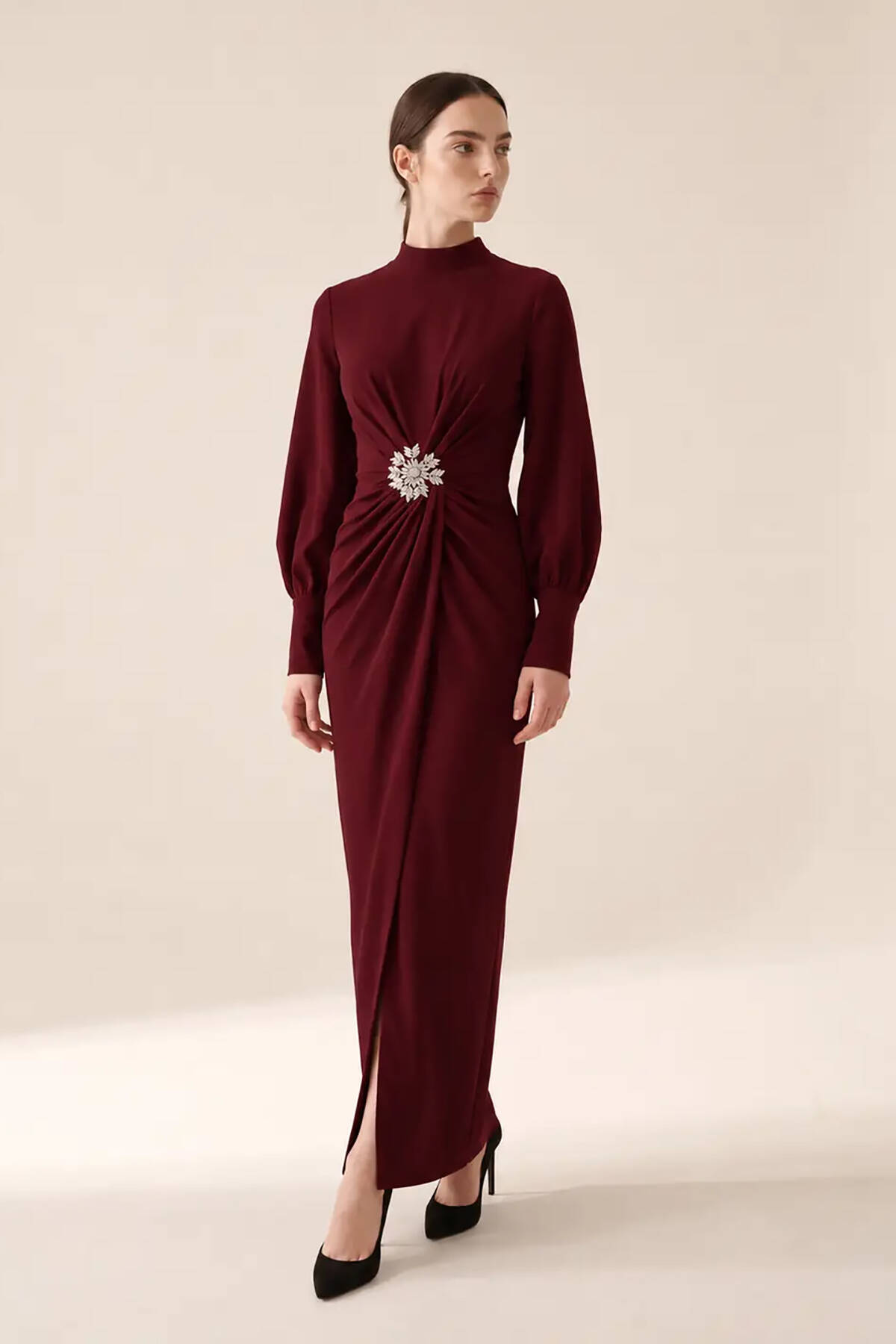 Bordo Dik Yaka Bel Taşlı Toka Balon Kol Elbise 475262752.04 - Ardanewline