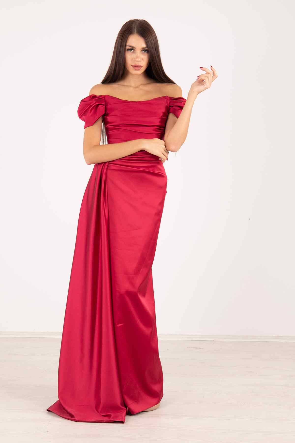 Bordo Drape Detaylı Saten Kumaş Abiye Elbise 9704858.04 - Ardanewline
