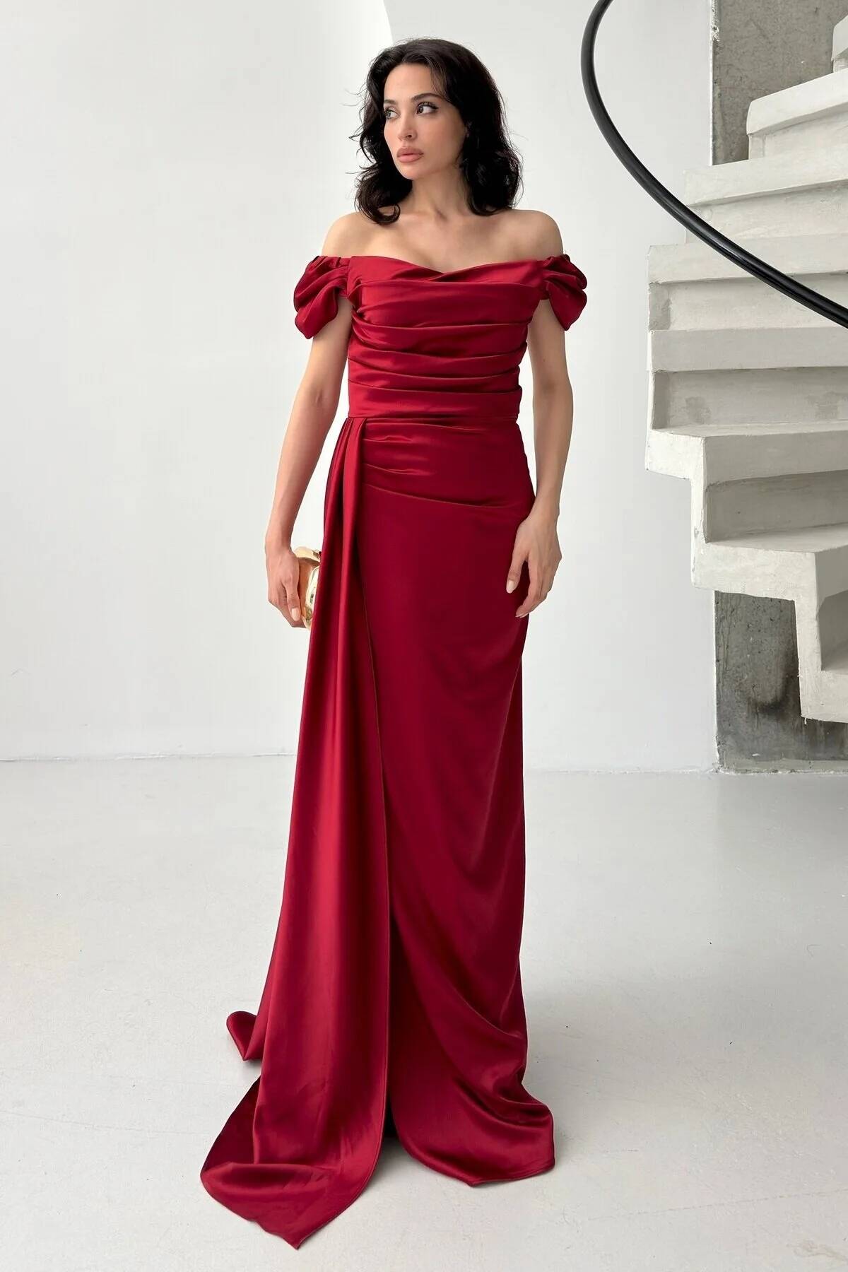 Bordo Drape Detaylı Saten Kumaş Abiye Elbise 9704858.04 - Ardanewline