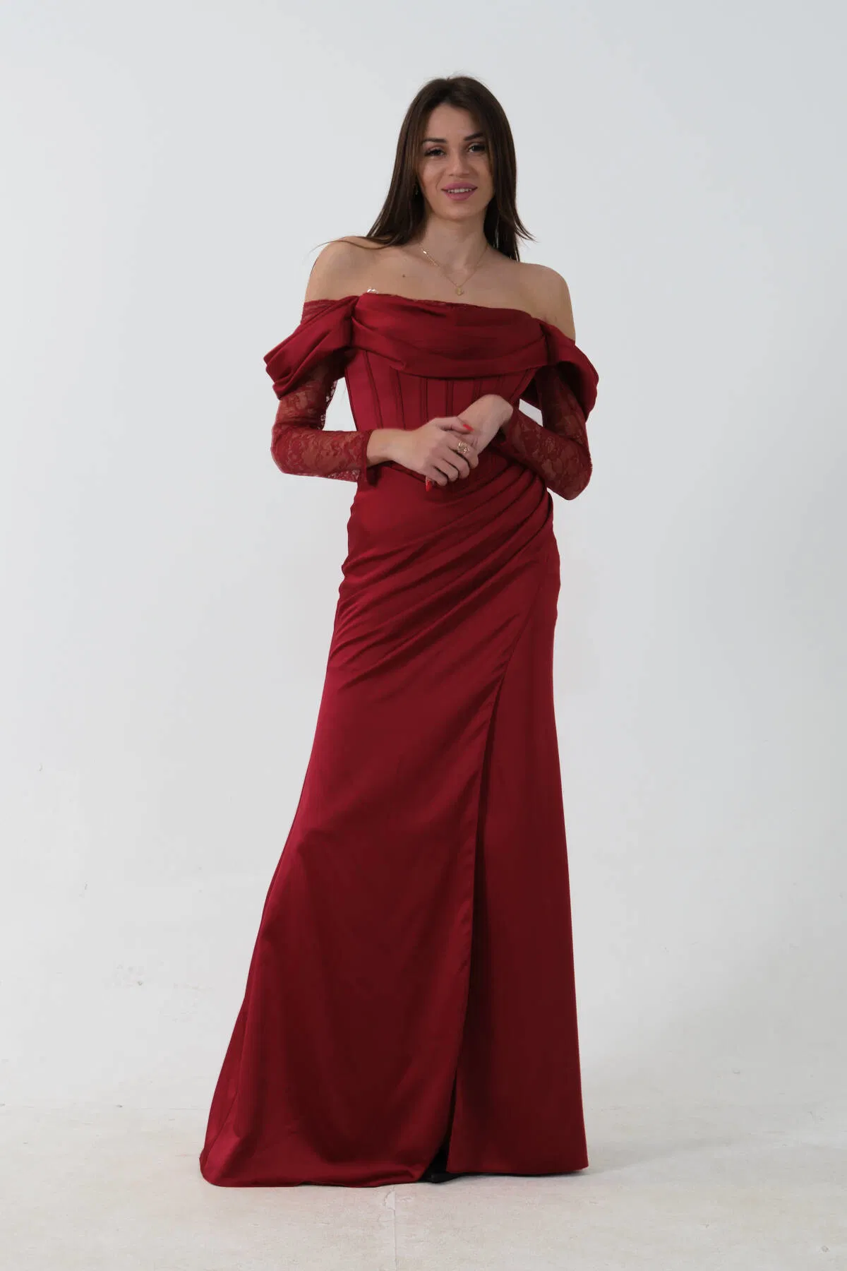 Bordo Düşük Omuz Dantel Kolu Korsajlı Abiye 9705830.04 - Ardanewline (1)