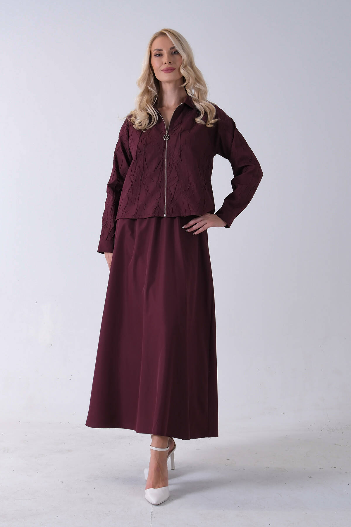 Bordo Fermuar Kapamalı Ceket Üzeri Desenli Etekli Takım 4577259.04 - Ardanewline