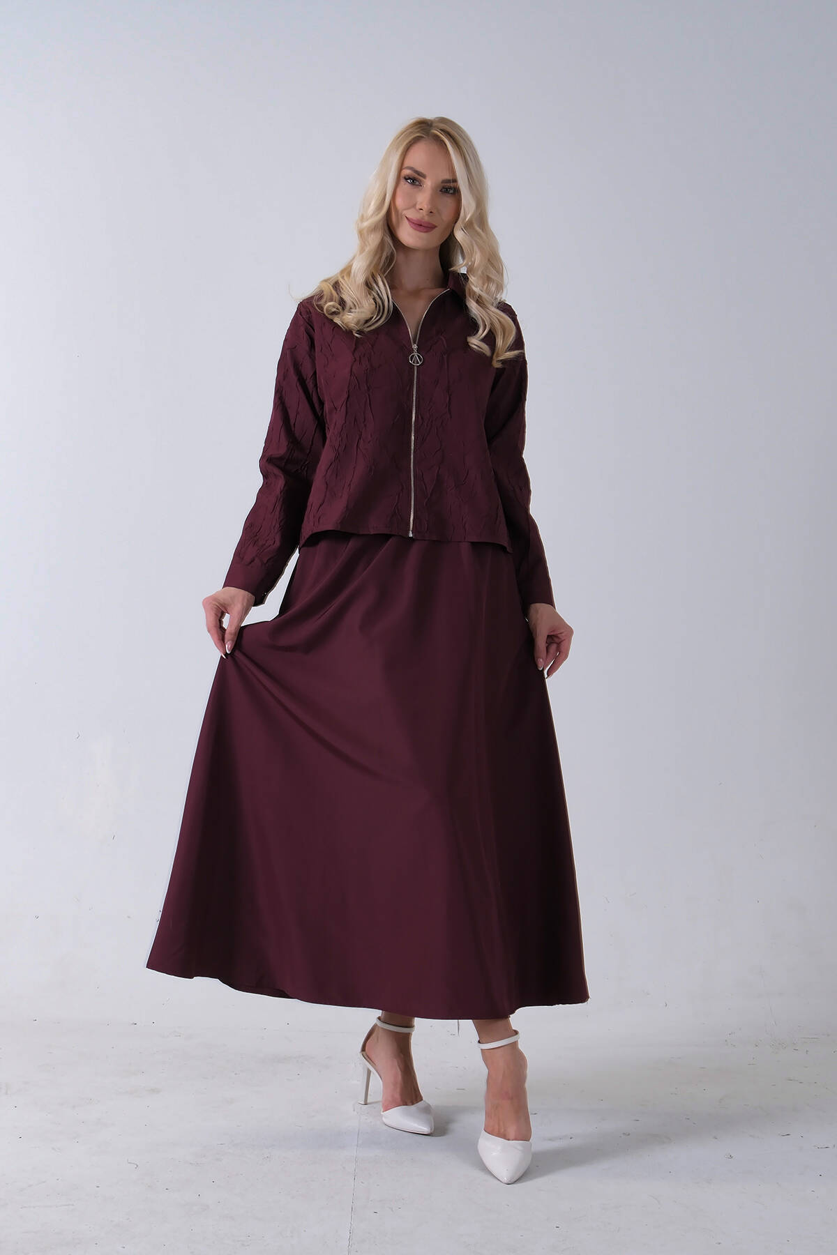 Bordo Fermuar Kapamalı Ceket Üzeri Desenli Etekli Takım 4577259.04 - Ardanewline (1)