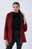 Bordo Fermuarlı Oversize Kapüşonlu Çift Cepli Peluş Mont 0108078.04 - 1