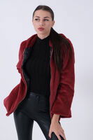 Bordo Fermuarlı Oversize Kapüşonlu Çift Cepli Peluş Mont 0108078.04 - 5