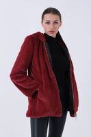 Bordo Fermuarlı Oversize Kapüşonlu Çift Cepli Peluş Mont 0108078.04 - 6