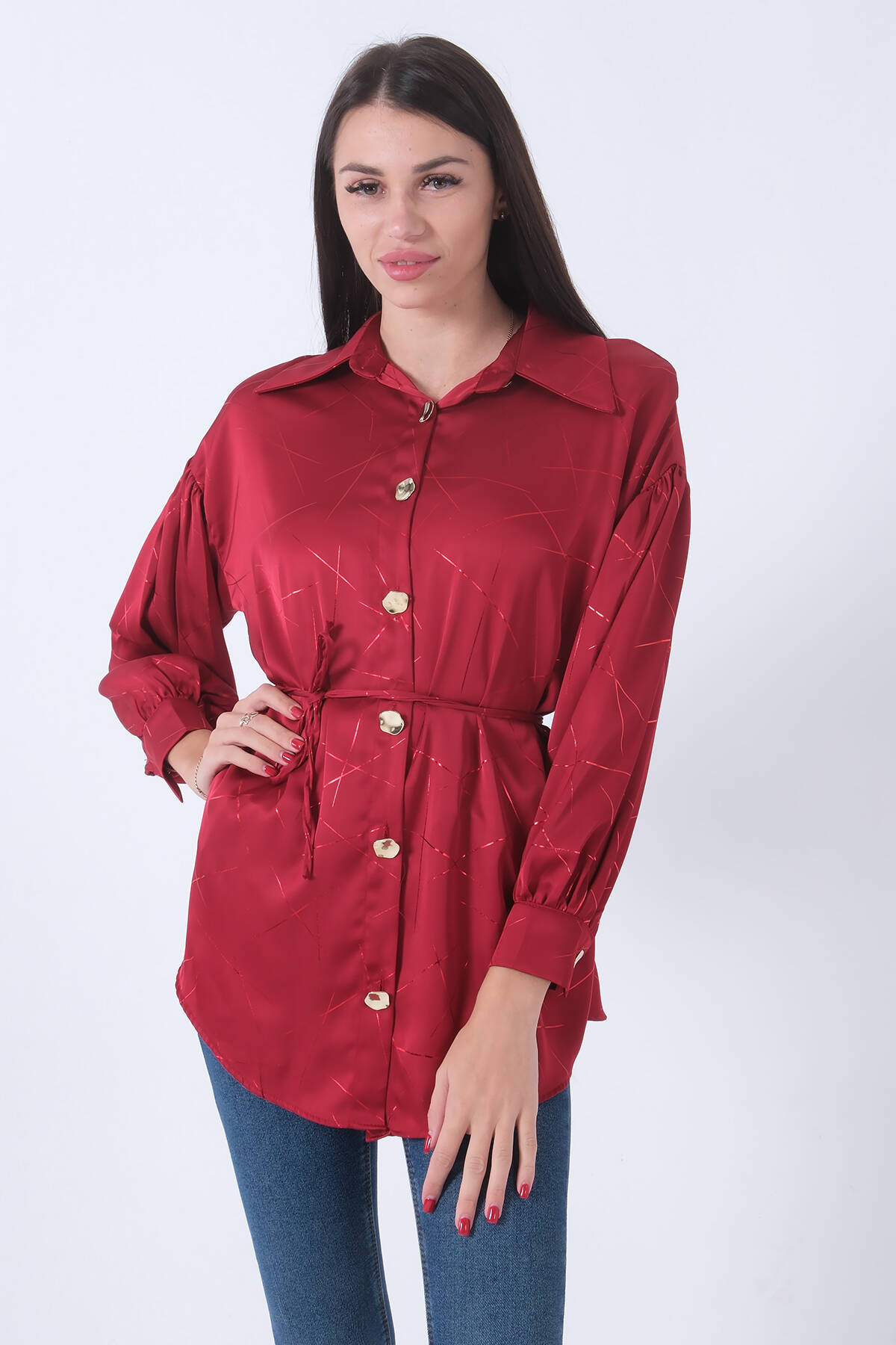 Bordo Gömlek Yaka Desenli Saten Tunik 45951991.04 - Ardanewline