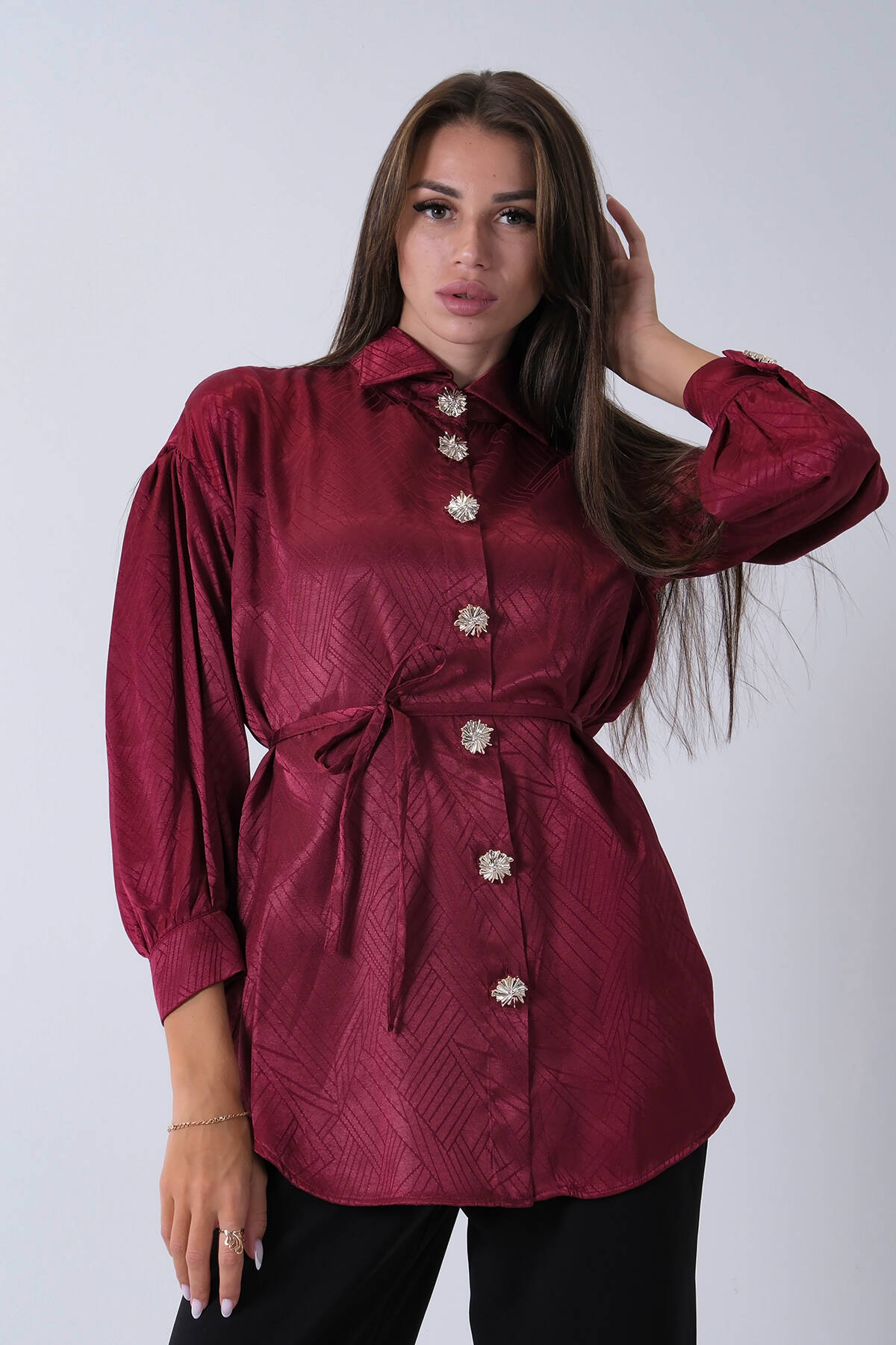 Bordo Gömlek Yaka Düğme Kapamalı Bel Bağlamalı Tunik 4595331.04 - Ardanewline