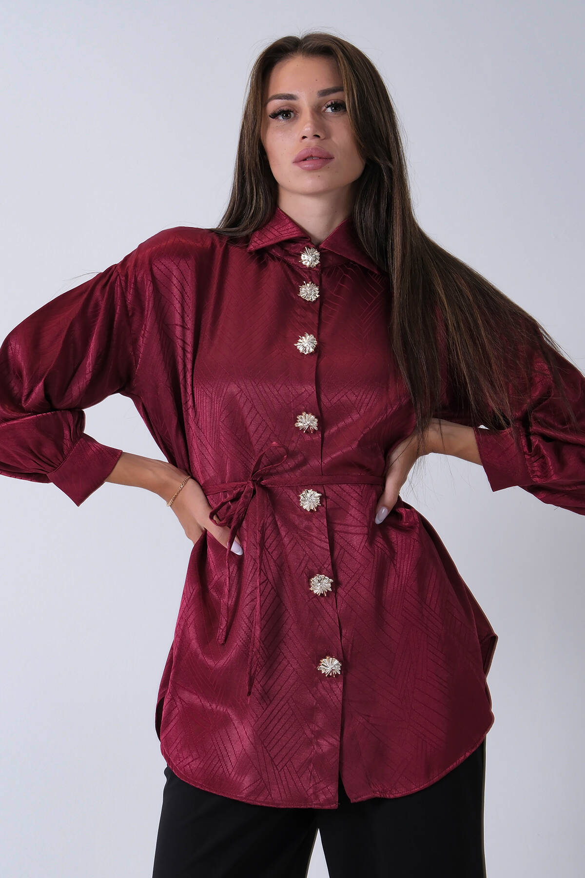 Bordo Gömlek Yaka Düğme Kapamalı Bel Bağlamalı Tunik 4595331.04 - Ardanewline (1)