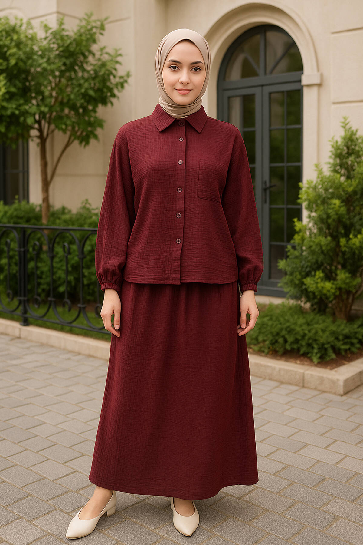 Bordo Gömlek Yaka Geniş Kol Etekli Takım 422229.04 - Ardanewline