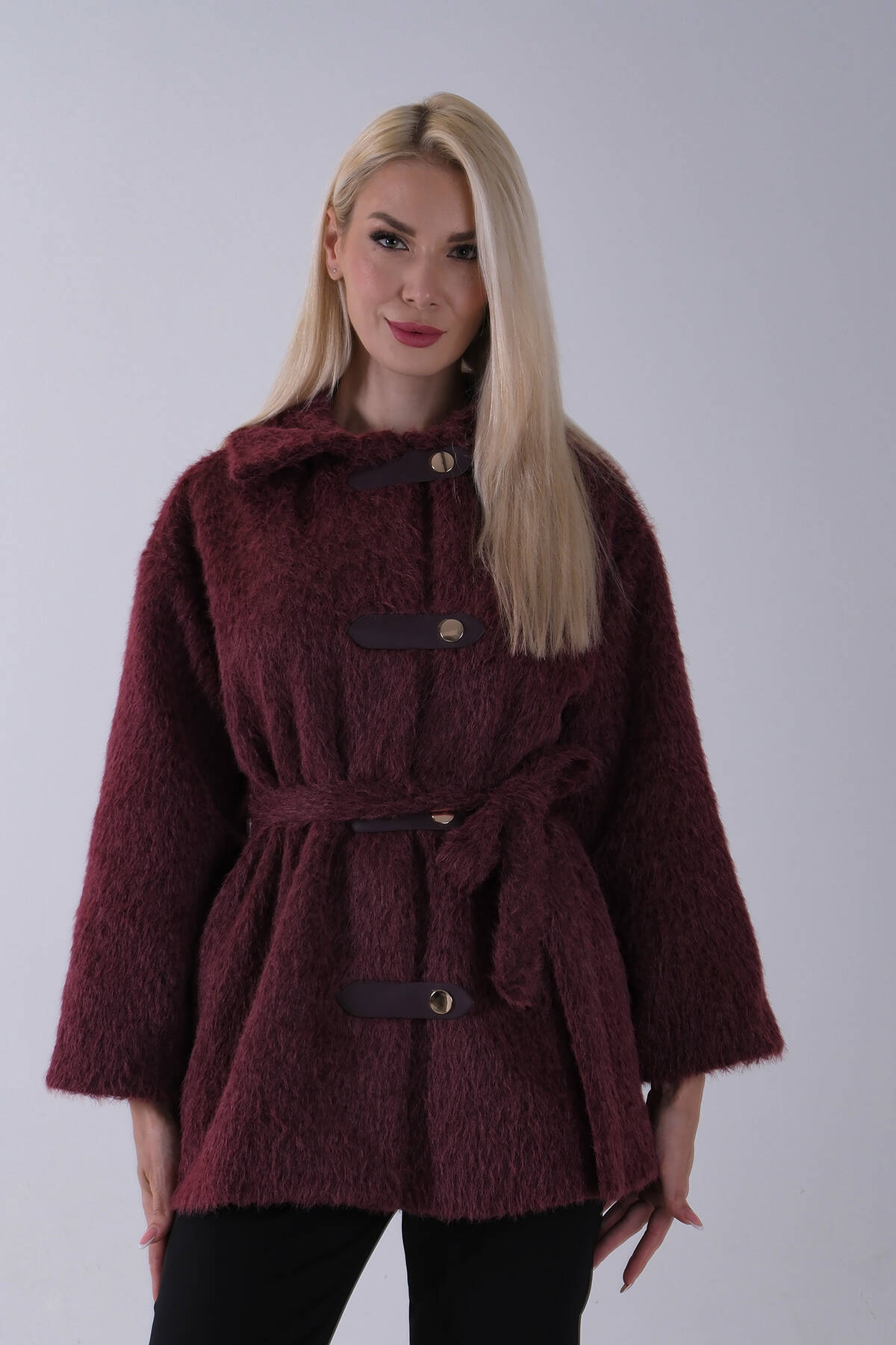 Bordo Gömlek Yakalı 4 Düğme Deri Bukle Detaylı Kaşe Yün Ceket 5307122.04 - Ardanewline (1)