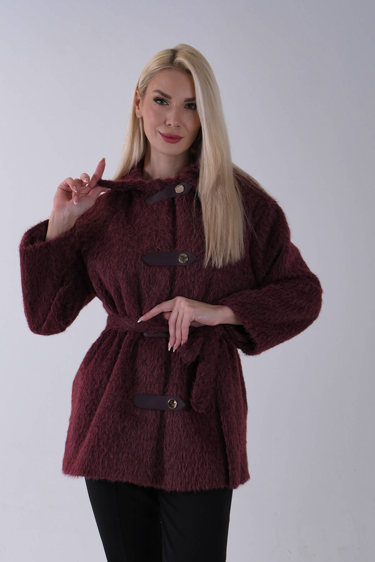 Bordo Gömlek Yakalı 4 Düğme Deri Bukle Detaylı Kaşe Yün Ceket 5307122.04 - Ardanewline