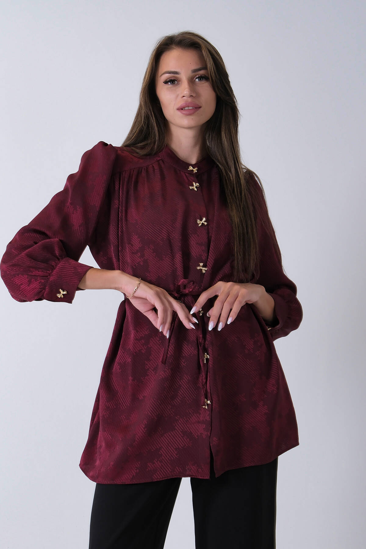 Bordo Hakim Yaka Bel Bağlamalı Desenli Tunik 4595333.04 - Ardanewline
