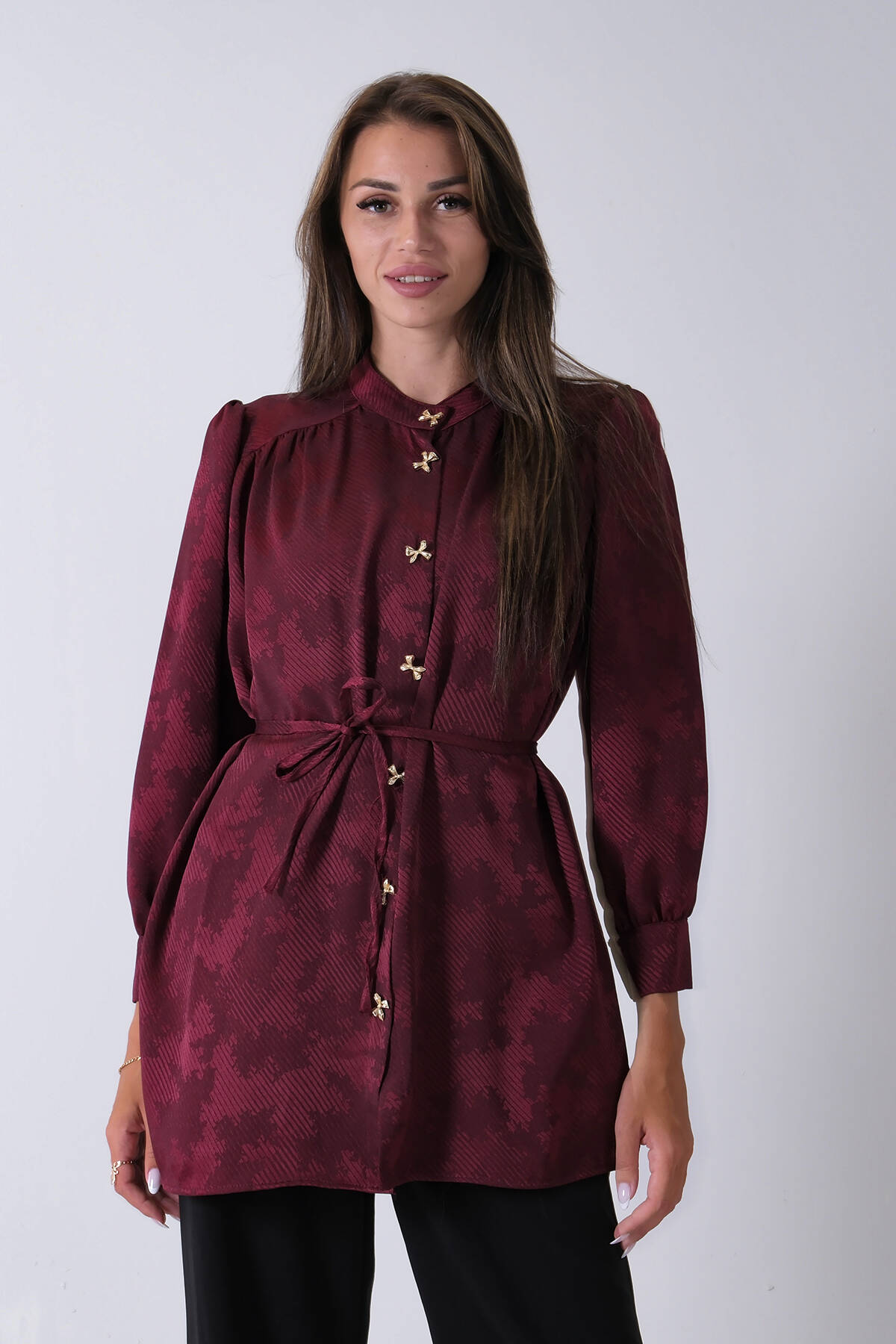 Bordo Hakim Yaka Bel Bağlamalı Desenli Tunik 4595333.04 - Ardanewline (1)
