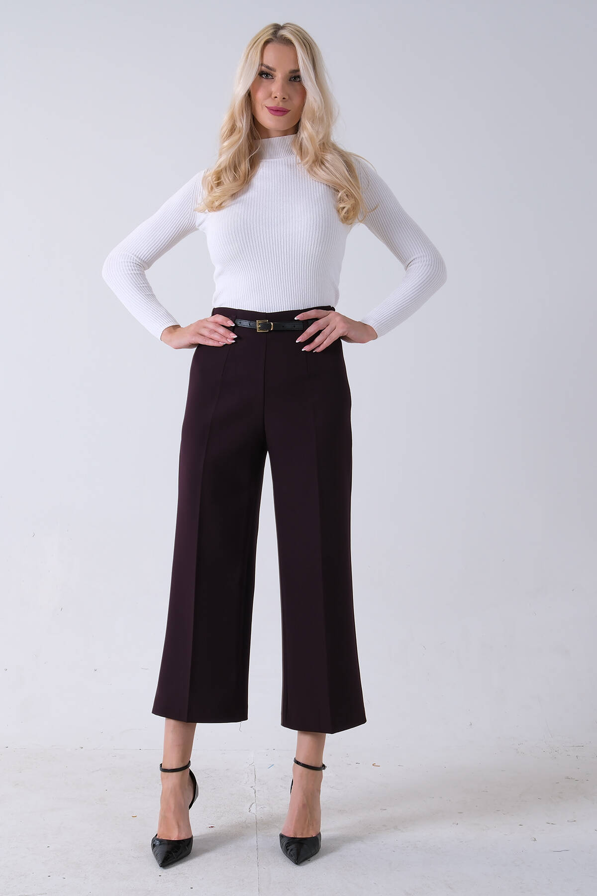 Bordo İnce Kemerli Cepsiz Bol Paça Pantolon 03030307.04 - Ardanewline (1)