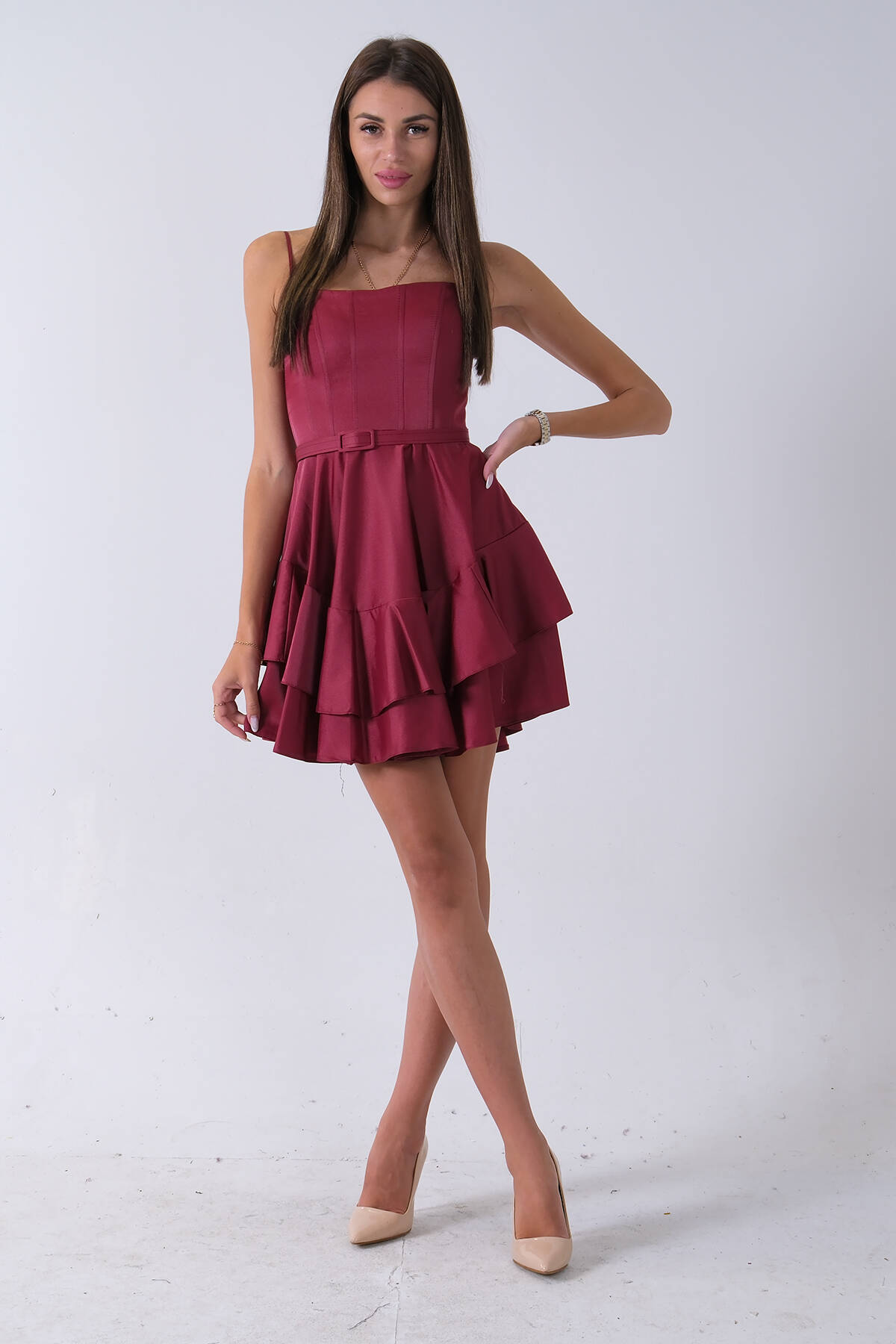 Bordo İp Askılı Bel Kemer Bağlamalı Mini Boy Abiye 0802004.04 - Ardanewline