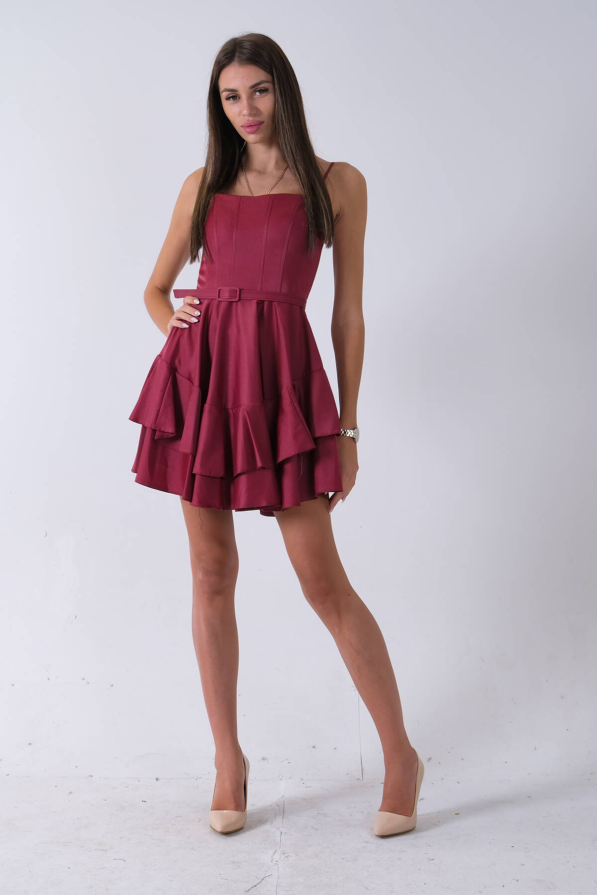 Bordo İp Askılı Bel Kemer Bağlamalı Mini Boy Abiye 0802004.04 - Ardanewline (1)