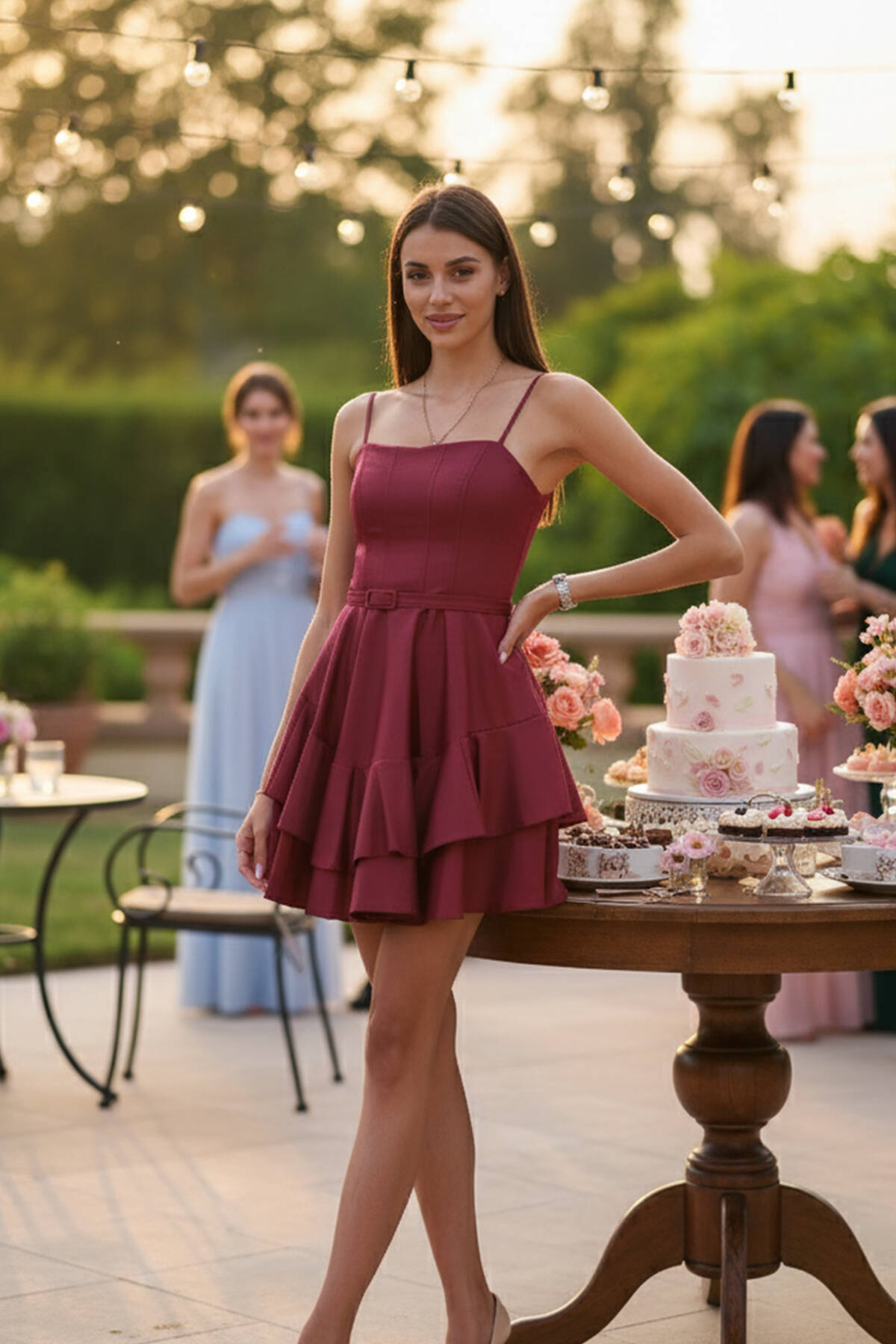 Bordo İp Askılı Bel Kemer Bağlamalı Mini Boy Abiye 0802004.04 - Ardanewline