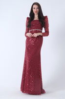 Bordo Kare Yaka Kolları Transparan Abiye Elbise 9705196.04 - 1